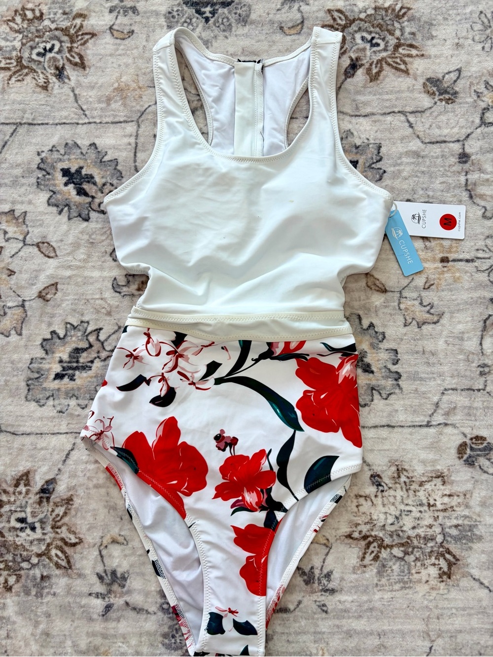 Cupshe White Tank One-Piece Swimsuit with Red Floral Print